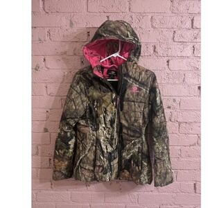🔥Mossy Oak💚🩷🤎 Camo Jacket Pink Lining Full Zip Hooded Hunting Coat Small